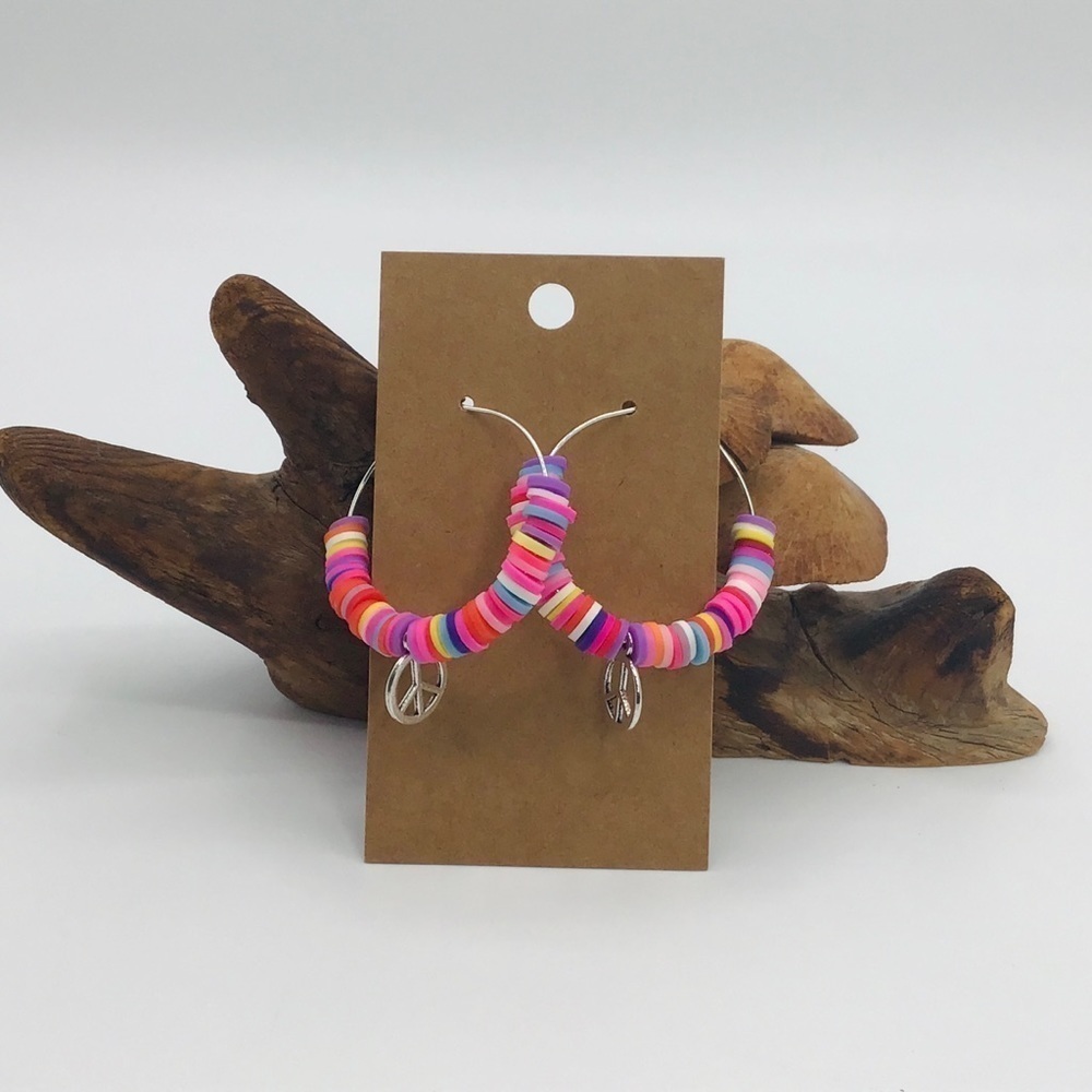 EARRINGS Hoops Peace Sign Boho Hippie Heishi Beads Charm Silver Tone Multicolor